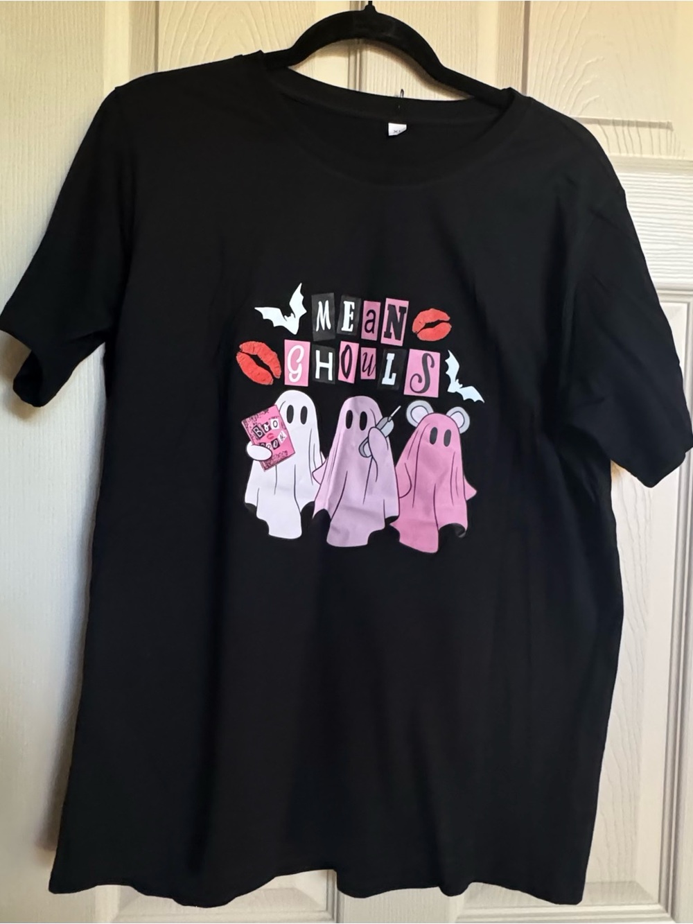 NWT Black Cotton Tee with Pink & White 'Mean Ghouls' Graphic, Various Sizes
